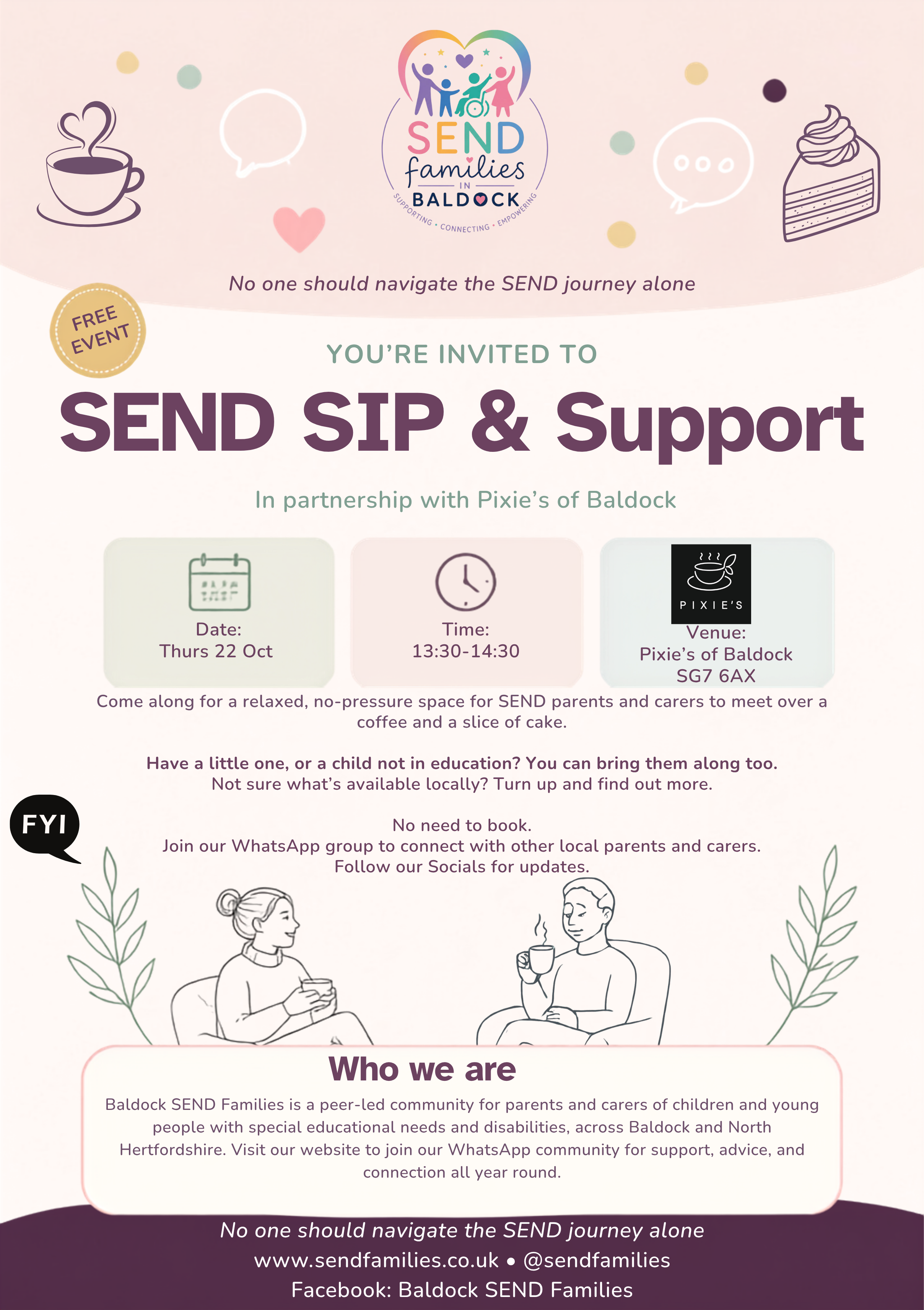 Flyer for SEND Sip and Support on Saturday 22 October, 13:30pm at Pixie’s of Baldock